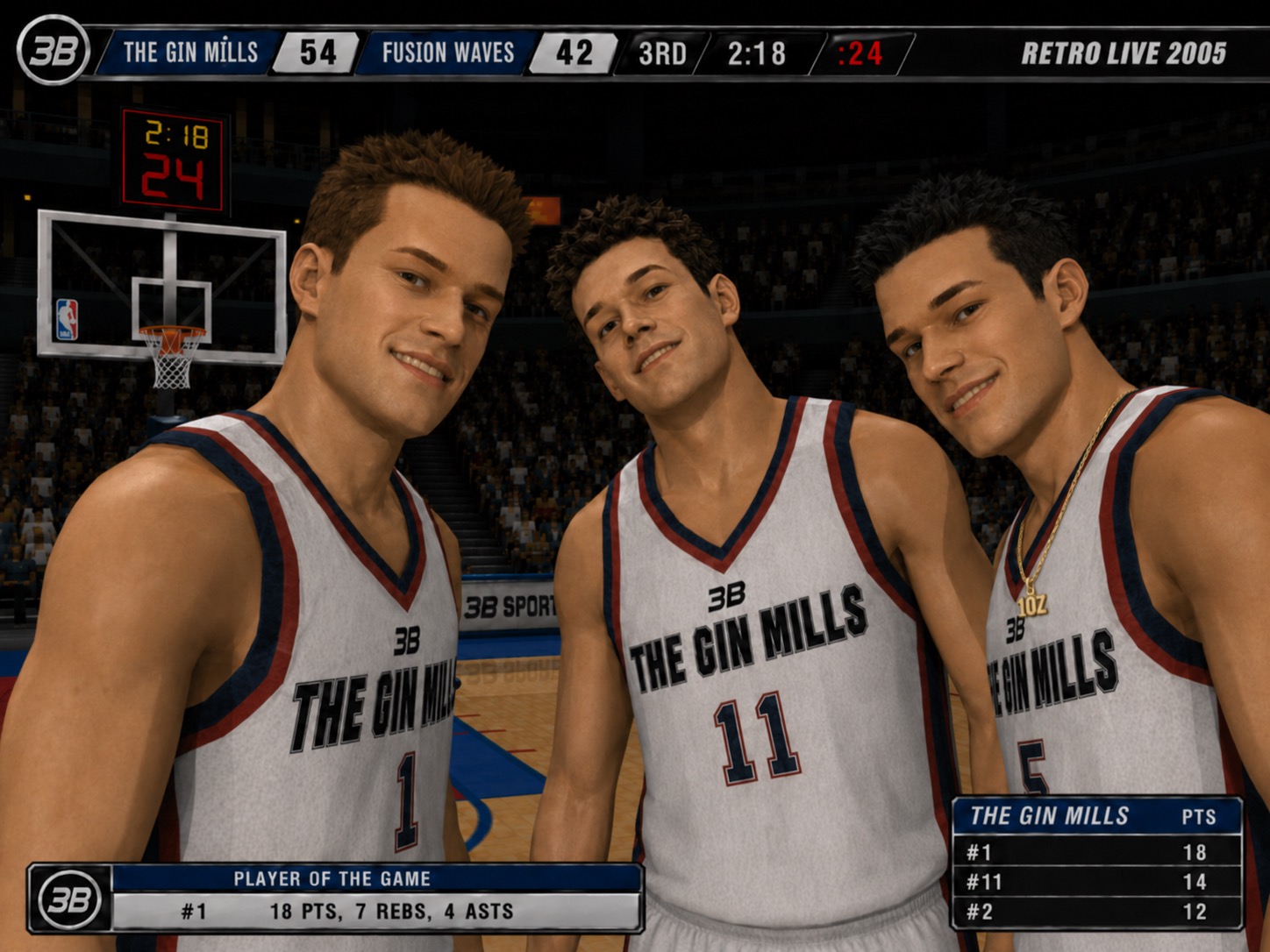 Three RetroLive founders rendered in NBA Live 2005 style, wearing The Gin Mills jerseys